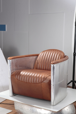 Aviator Leather Modern Sitting Chairs Brown Color Aluminum Sheet Cover Arm